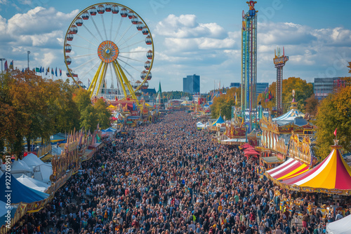 A vibrant carnival day filled with joy, attractions, and excitement as visitors explore rides and food stalls at a festival photo