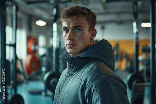 A thoughtful young man gears up for strength training in a modern gym during early morning sessions, focusing on his fitness goals