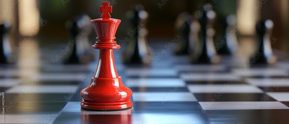 Red King Chess Piece on a Black and White Board Red King Chess Piece on a Black and White Board