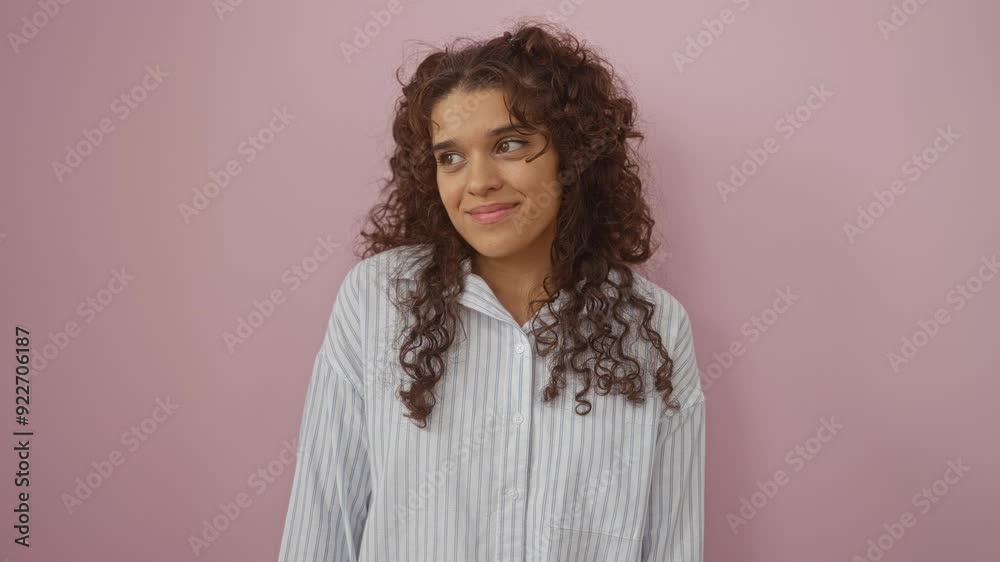 Woman covering her eyes with hands over isolated pink background featuring a beautiful, young, hispanic brunette with curly hair Woman covering her eyes with hands over isolated pink background featuring a beautiful, young, hispanic brunette with curly hair