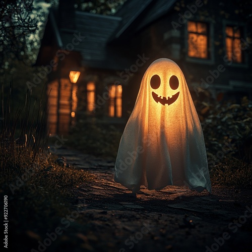 Cute Halloween Ghost and Spooky House background