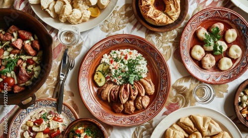 Wallpaper Mural A table topped with plates of food and bowls filled with bread, AI Torontodigital.ca