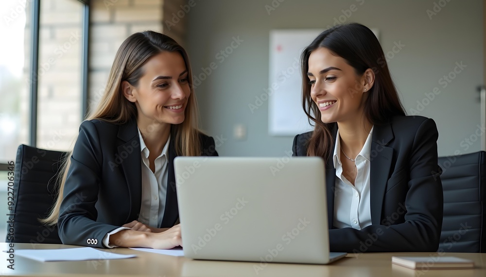 Two young professional women in business smiling and working together on a laptop computer Two young professional women in business smiling and working together on a laptop computer