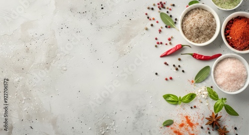 Colorful Spices and Herbs on Marble Countertop in Culinary Preparation