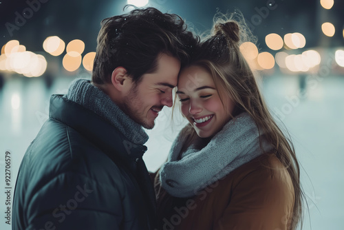 Couple enjoying a joyful embrace on an ice skating rink during a winter evening photo