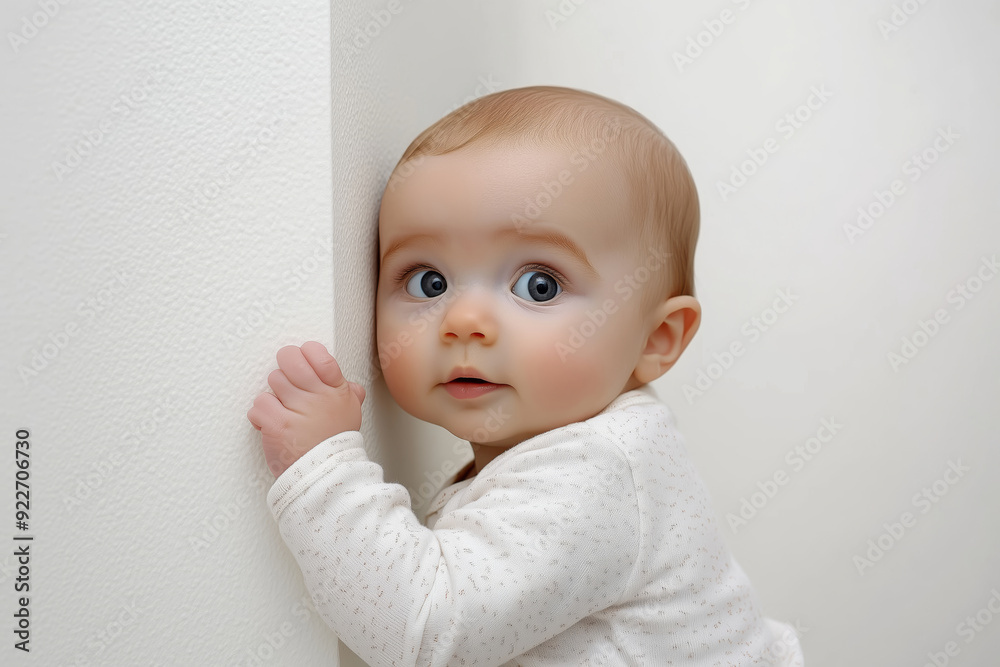 Curious baby with big blue eyes stands by a white wall in a softly lit room, exploring the world around them Curious baby with big blue eyes stands by a white wall in a softly lit room, exploring the world around them