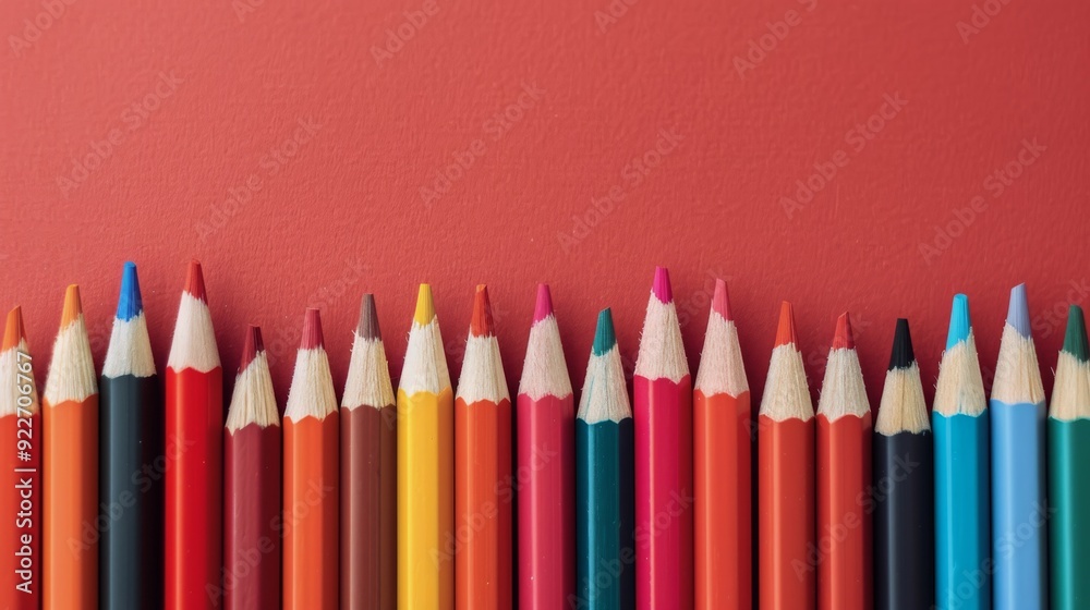 Vibrant Colored Pencils Arranged Neatly on Red Background