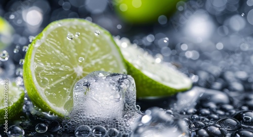 Fresh Lime Slices and Ice Cubes on a Reflective Surface