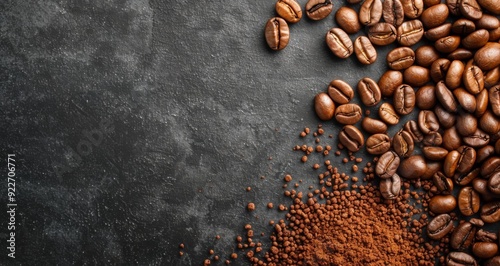 Freshly Ground Coffee Beans and Powder on Dark Surface
