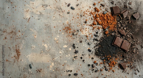 Dark Chocolate, Cocoa Powder, and Coffee Beans on Rustic Surface