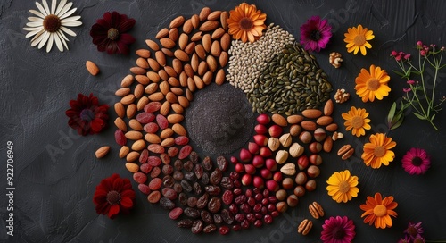 Colorful Assortment of Dried Fruits and Seeds on a Dark Surface