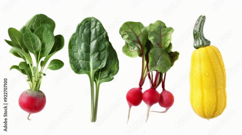 Multiple distinct vegetables, including spinach, radishes, and squash, 3D render, realistic and separated, isolated on white background Multiple distinct vegetables, including spinach, radishes, and squash, 3D render, realistic and separated, isolated on white background