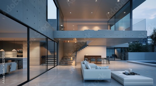 Modern Open Concept Living Room Overlooking Urban Skyline at Dusk