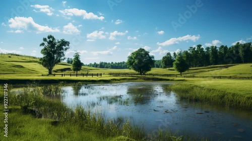 A photo of a serene pond surrounded by farmland.