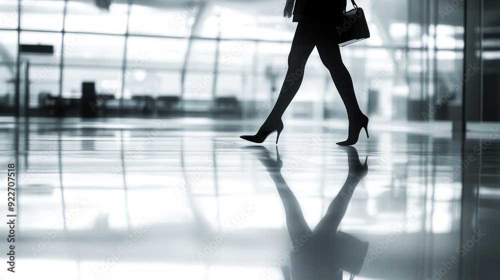 Fototapeta premium Silhouette of Woman in Heels Walking on Shiny Floor in an Airport