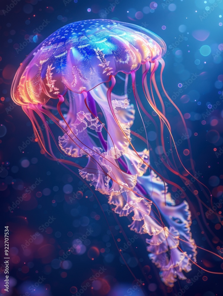 A vibrant jellyfish floats gracefully in a deep blue ocean, illuminated by soft light. A vibrant jellyfish floats gracefully in a deep blue ocean, illuminated by soft light.