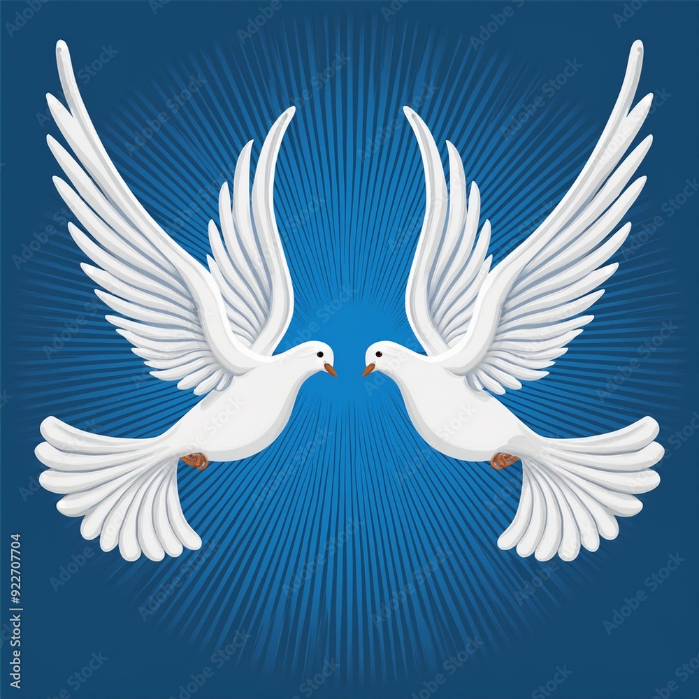 Fototapeta premium Two white dove fly on blue background. Template vector illustration greeting card