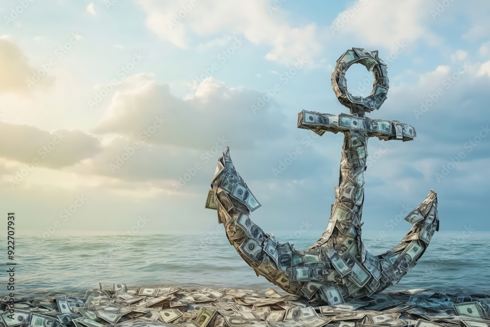 Fototapeta premium An anchor forged from crumpled dollar bills rests upon a serene ocean under a cloudy sky at sunset