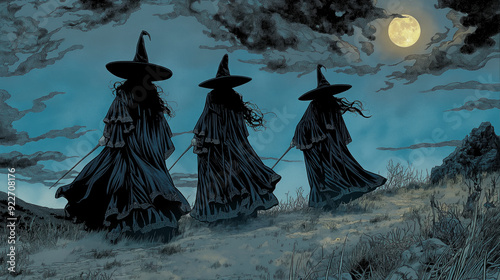 Three witches in dark cloaks walking under a full moon, eerie nocturnal scene, Gothic Halloween illustration