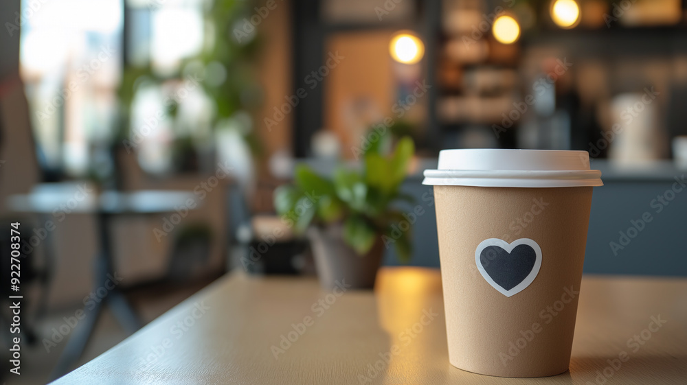 Coffee Cup with Heart Sticker on Table at Cozy Café Coffee Cup with Heart Sticker on Table at Cozy Café