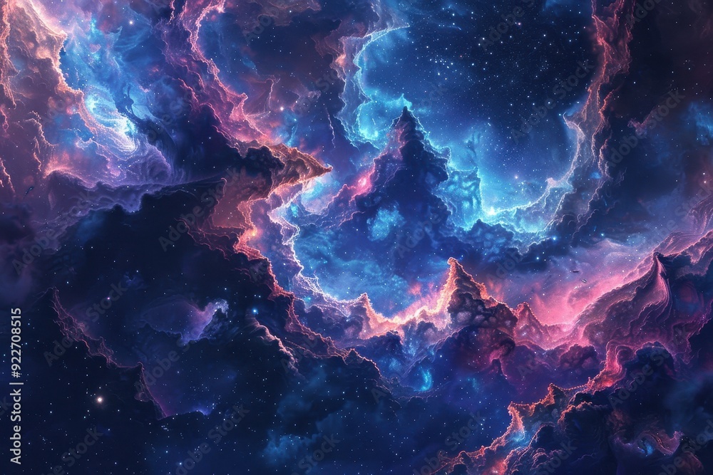 Colorful and detailed painting of a nebula in deep space with bright glowing gas clouds. Colorful and detailed painting of a nebula in deep space with bright glowing gas clouds.