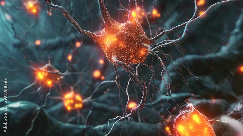 Stunning close-up view of neurons firing with glowing synapses, depicting a dynamic brain network. The intricate web of neurons and energetic connections showcases neural activity.