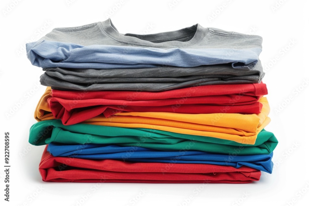 A pile of brightly colored t-shirts on a clean white surface, perfect for advertising or fashion promotions A pile of brightly colored t-shirts on a clean white surface, perfect for advertising or fashion promotions