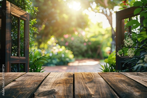 A wooden table in front of a garden, perfect for outdoor dining or social gatherings