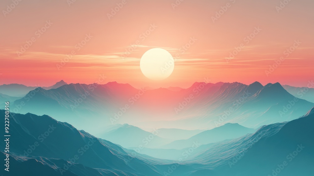 Beautiful landscape with a setting sun illuminating misty mountain ranges with a vibrant sky Beautiful landscape with a setting sun illuminating misty mountain ranges with a vibrant sky