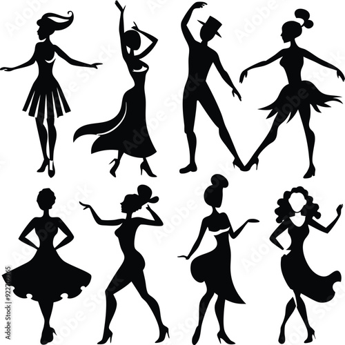 Dancing Girl Dark Silhouette Shapes Vector Set