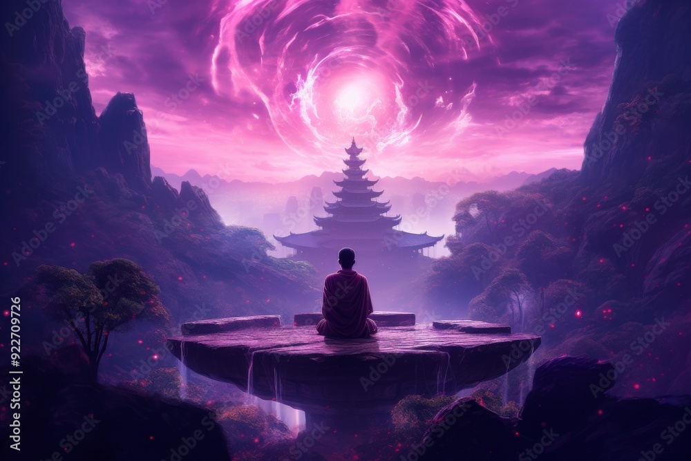 A serene figure meditates on a platform overlooking a mystical landscape with a temple. A serene figure meditates on a platform overlooking a mystical landscape with a temple.