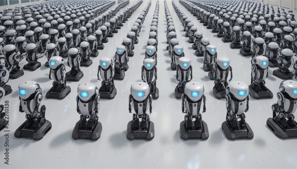 Fototapeta premium Rows of identical AI robots, wall paper