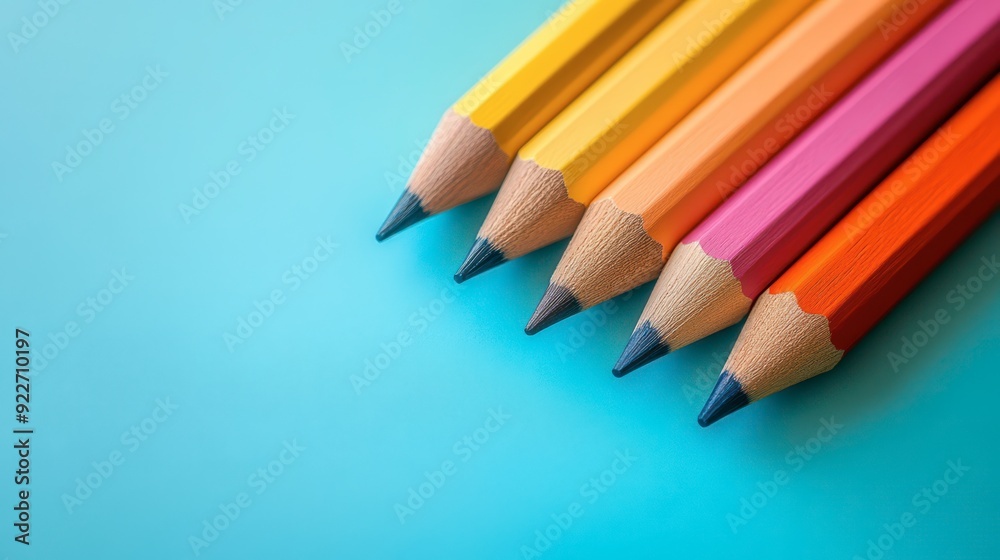 Colorful pencils arranged neatly on a blue background Colorful pencils arranged neatly on a blue background
