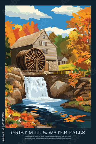 Vector illustration of a poster of scenic Grist mill and waterfall landscape in fall foliage, Generative AI image.