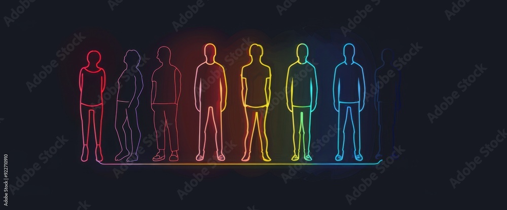 A simple vector logo of people standing in a row, each person outlined with colorful neon lines on a black background Generative AI A simple vector logo of people standing in a row, each person outlined with colorful neon lines on a black background Generative AI