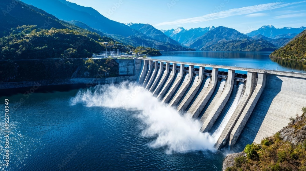 A hydroelectric power station integrated into a natural landscape, generating clean energy without disrupting ecosystems A hydroelectric power station integrated into a natural landscape, generating clean energy without disrupting ecosystems