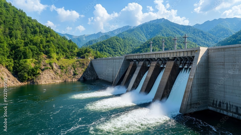 A hydroelectric power station integrated into a natural landscape, generating clean energy without disrupting ecosystems A hydroelectric power station integrated into a natural landscape, generating clean energy without disrupting ecosystems