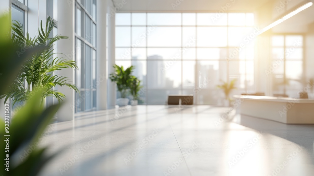 Modern office interior with large windows and plants, illuminated by sunlight. Modern office interior with large windows and plants, illuminated by sunlight.