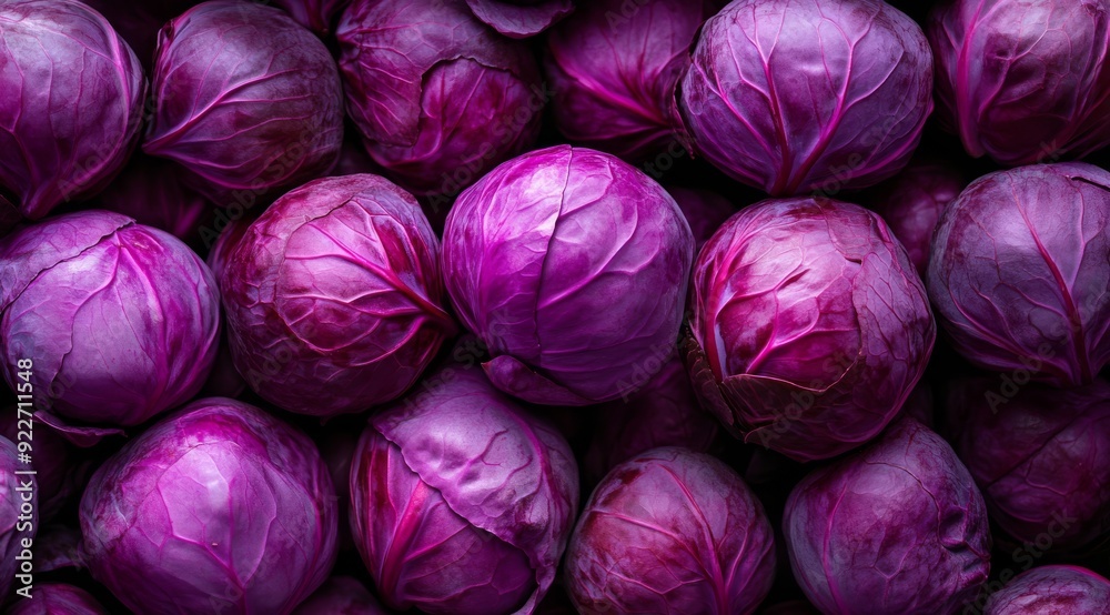 Obraz premium Vibrant and beautifully rich purple cabbage heads intricately piled together, perfect for various foodrelated designs