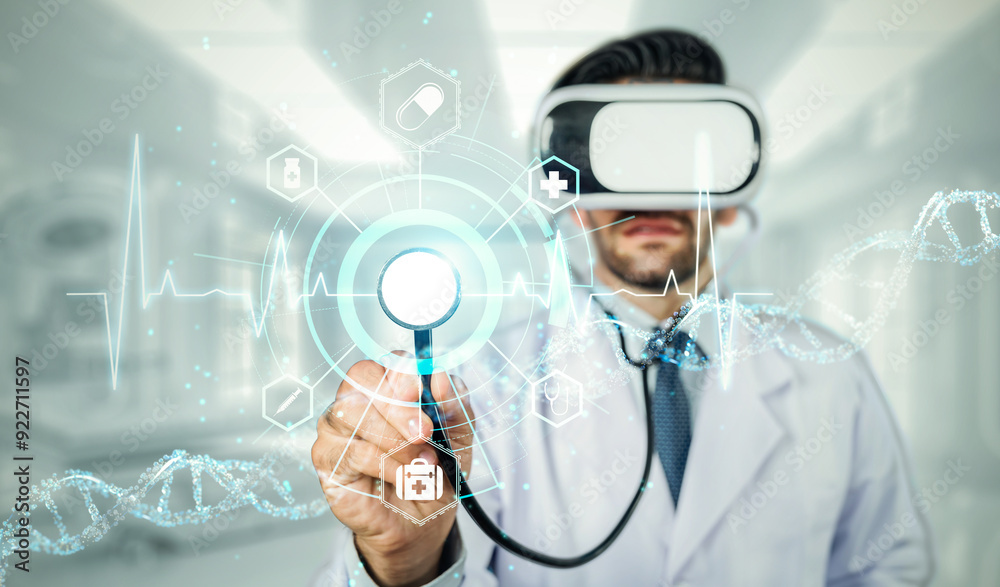 Smart doctor holding stethoscope while using visual reality goggle to analysis and diagnosis patient. Handsome doctor wearing VR headset and lab coat while genetic medical theory system. Deviation. Smart doctor holding stethoscope while using visual reality goggle to analysis and diagnosis patient. Handsome doctor wearing VR headset and lab coat while genetic medical theory system. Deviation.