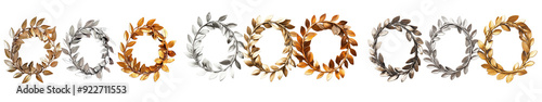 Collection of Gold, Bronze, and Silver Leaf Laurel 
 Crown Wreaths - Isolated on White Transparent Background, PNG
 photo