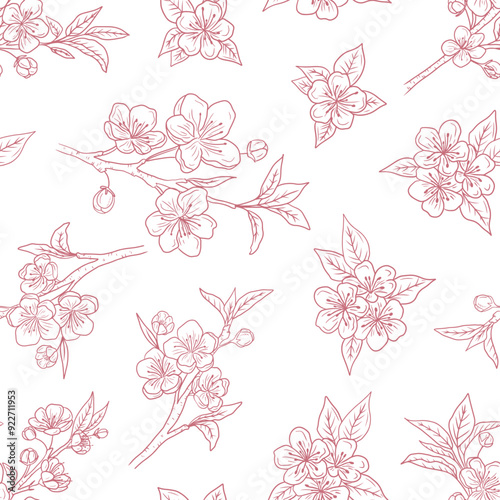 Seamless pattern with cherry blossom branches with beautiful flowers and buds in pink on white. Hand drawn vector sketch illustration in doodle engraved vintage line art style. Floral botanical