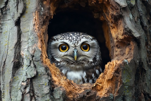 An owl hides in a hollow tree