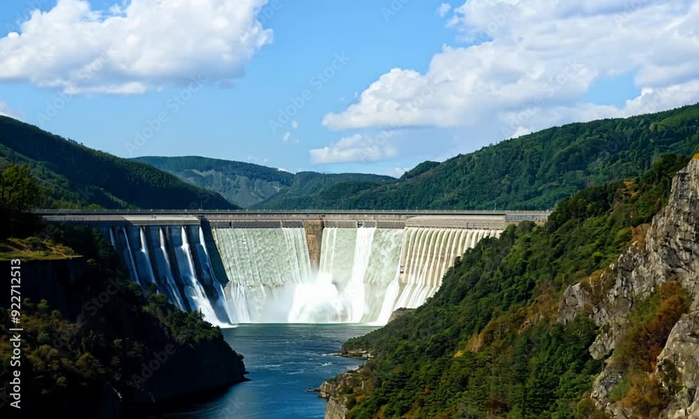 Panoramic view of the impressive dam, with its clear blue water and rocky shores, surrounded by green hills and patches of clouds in the sky. Panoramic view of the impressive dam, with its clear blue water and rocky shores, surrounded by green hills and patches of clouds in the sky.