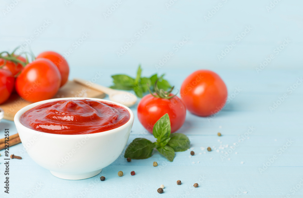 Delicious ketchup with spices and tomatoes on wooden table Delicious ketchup with spices and tomatoes on wooden table