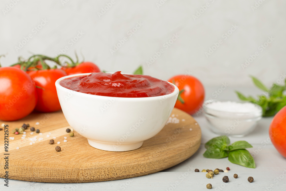 Delicious ketchup with spices and tomatoes on wooden table Delicious ketchup with spices and tomatoes on wooden table
