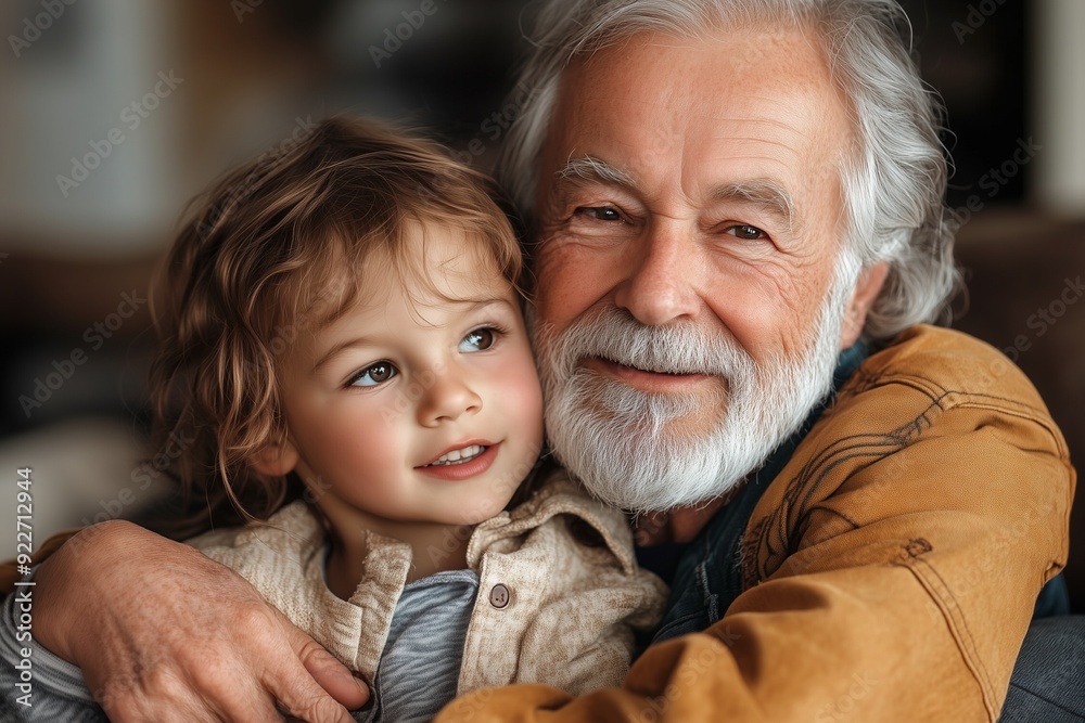 Grandfather hugs grandson on the sofa Grandfather hugs grandson on the sofa