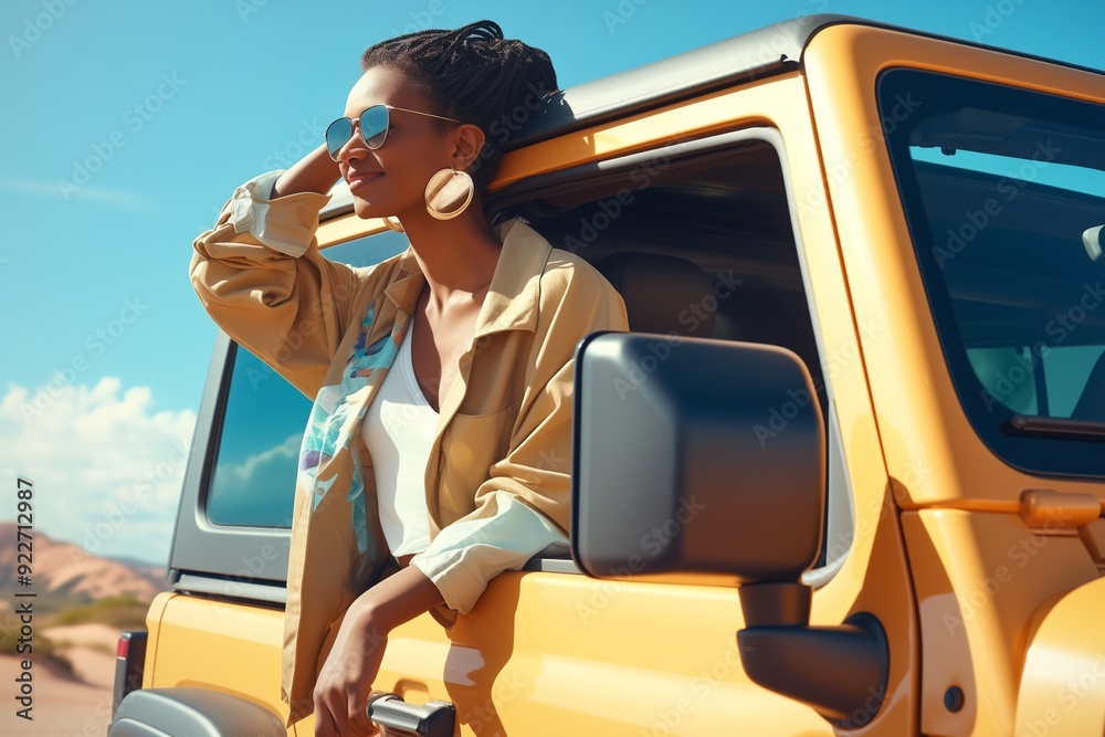 Naklejka premium Black woman on the road enjoying desert window view and traveling in jeep