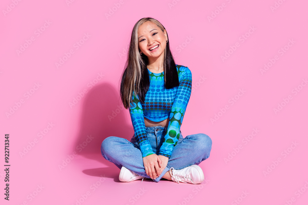 Full length photo of shiny attractive lady dressed print shirt smiling empty space isolated pink color background