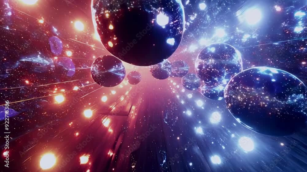 Shiny black spheres float in a vibrant light tunnel filled with red and blue hues. The reflective surfaces of the spheres create an infinite, mesmerizing effect. The scene is surreal, futuristic, and